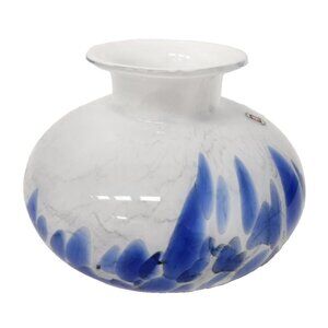 Vintage Tarnowiec Poland Hand Blown Art Glass White Blue Splatter Round Vase